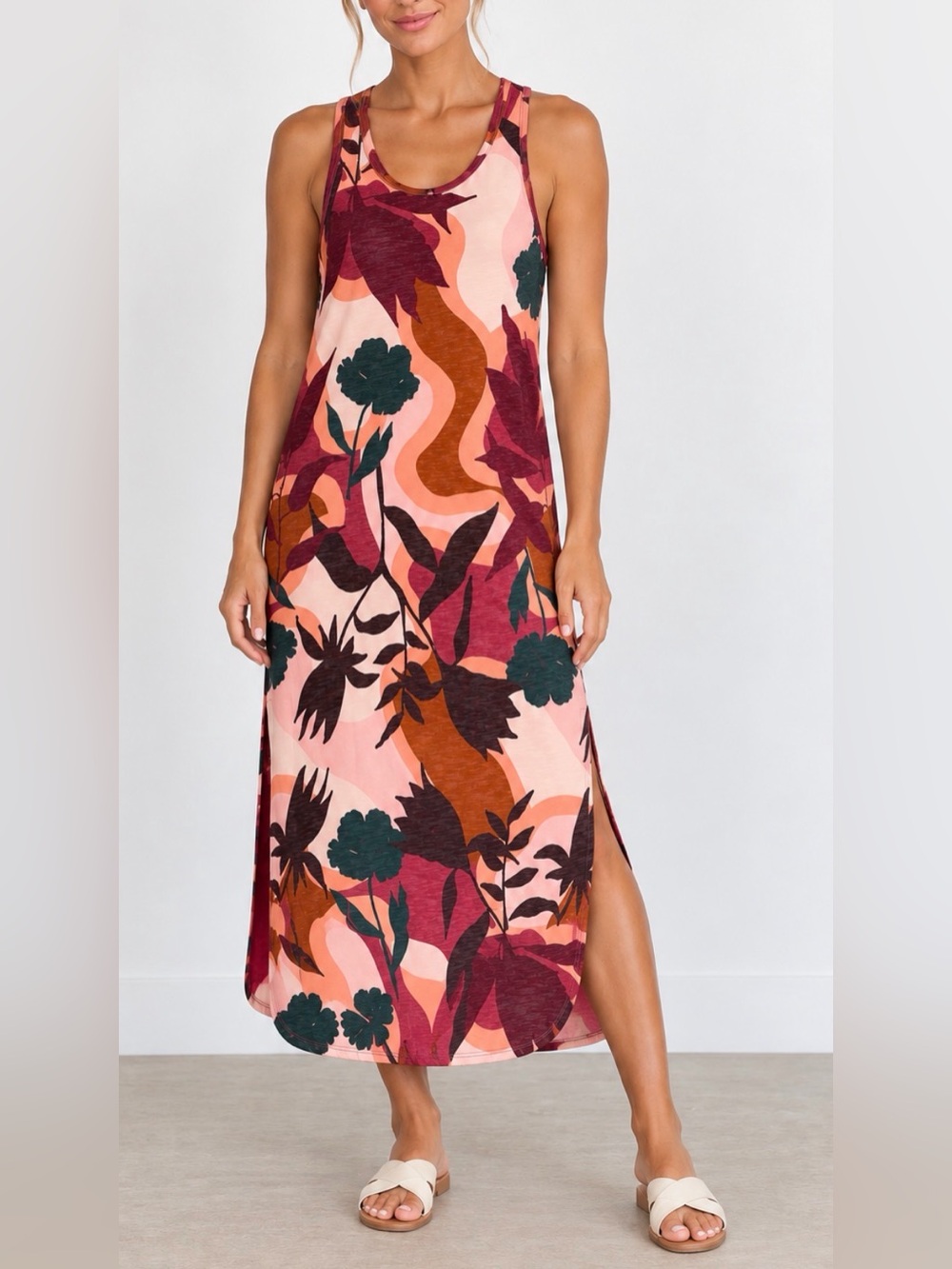 Title Nine Danvers Midi Dress Canyon Red Print Large Racerback Sleeveless